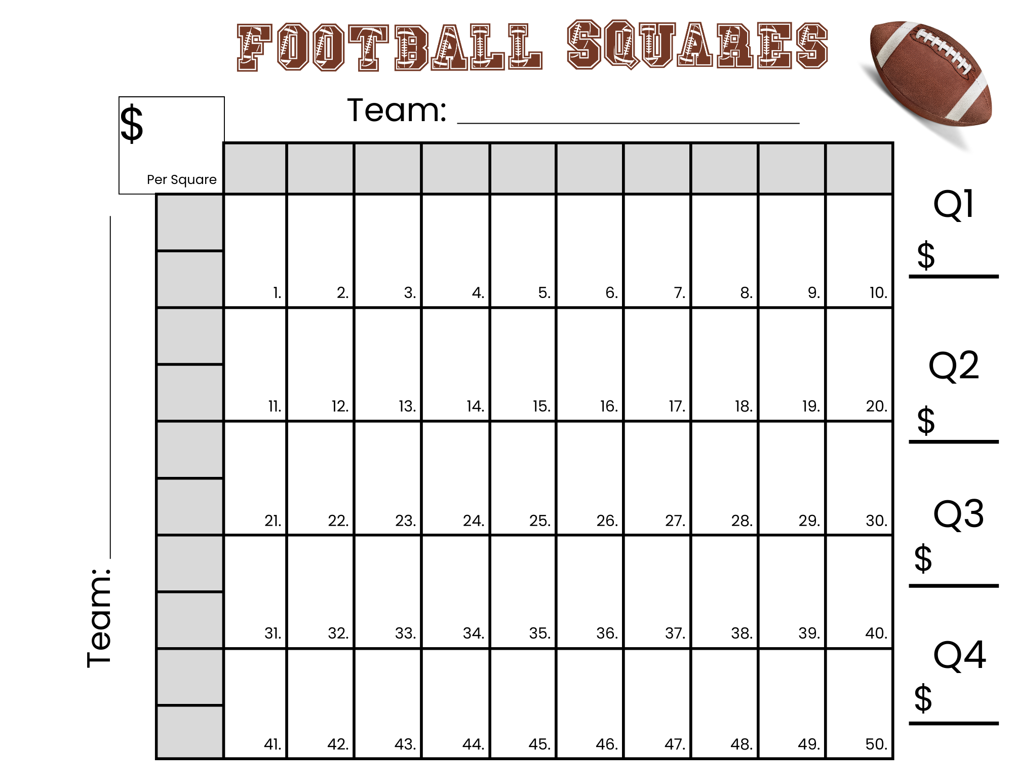 50 football Squares Game Printable 5×10 football Squares (Instant Download)
