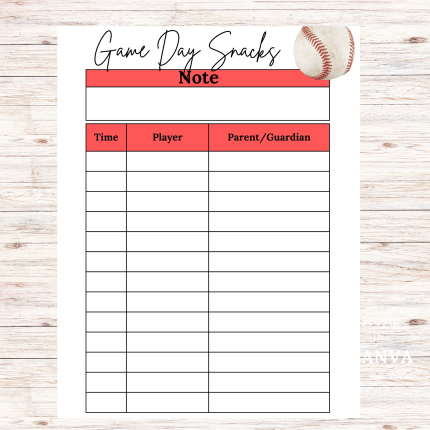 Baseball Game Day Snacks Sign Up Sheet Printable