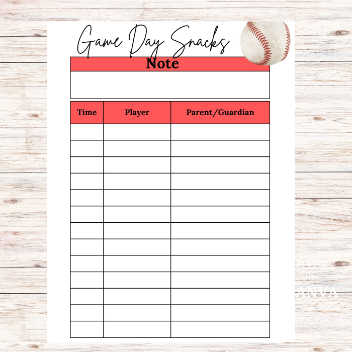 Baseball Game Day Snacks Sign Up Sheet Printable