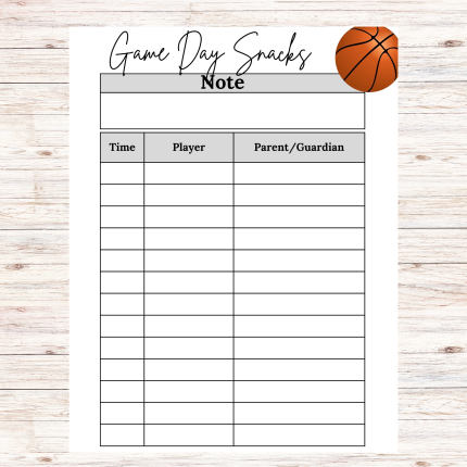 Basketball Game Day Snacks Sign Up Sheet Printable