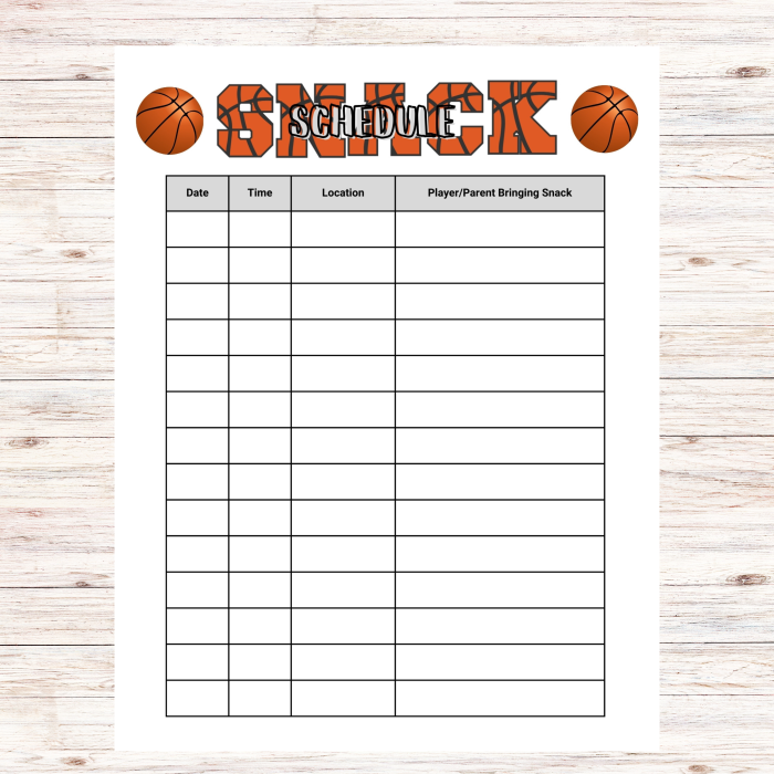 Basketball Snack Sign Up Sheet Printable