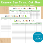 Daycare Sign In and Out Sheet Bundle Daycare Weekly Attendance Sheet Daycare Monthly Attendance Sheet