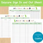 Daycare Sign In and Out Sheet Bundle Daycare Weekly Attendance Sheet Daycare Monthly Attendance Sheet