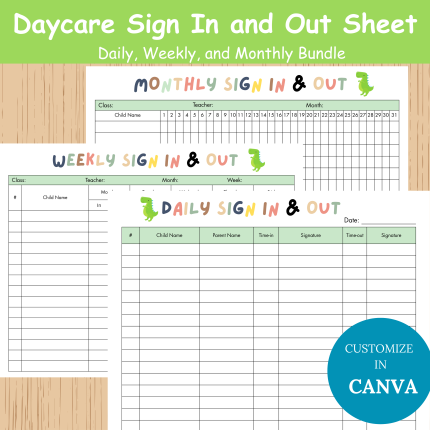 Daycare Sign In and Out Sheet Bundle Daycare Weekly Attendance Sheet Daycare Monthly Attendance Sheet