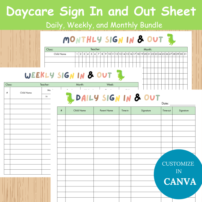 Daycare Sign In and Out Sheet Bundle Daycare Weekly Attendance Sheet Daycare Monthly Attendance Sheet