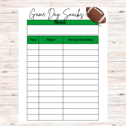 Football Game Day Snacks Sign Up Sheet
