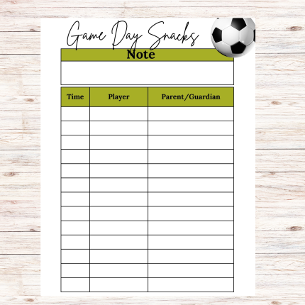 Soccer Game Day Snacks Sign Up Sheet Printable