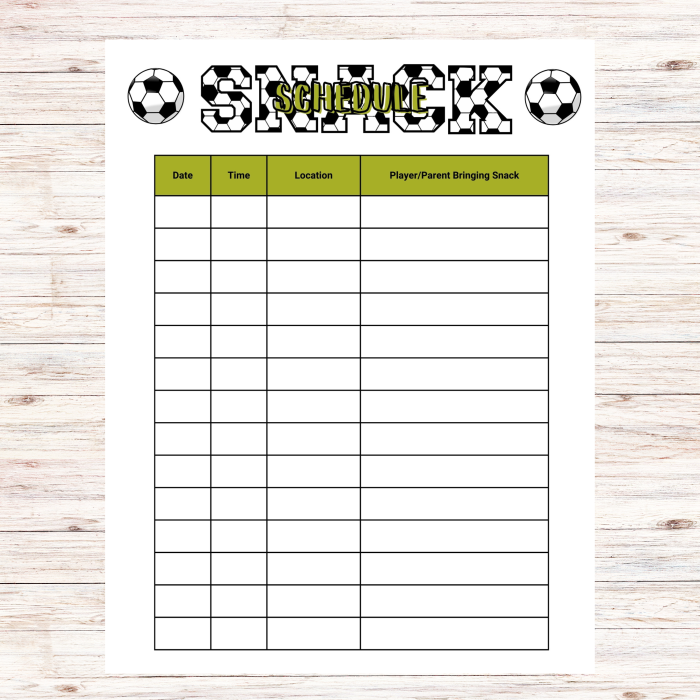 Soccer Snack Sign Up Sheet Printable