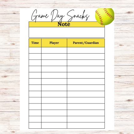 Softball Game Day Snacks Sign Up Sheet Printable