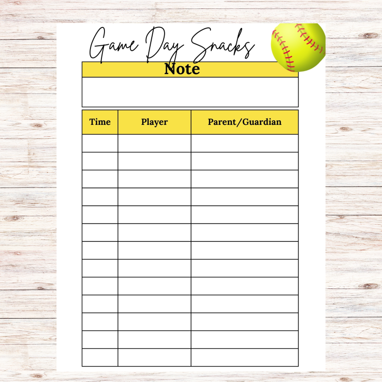 Softball Game Day Snacks Sign Up Sheet Printable