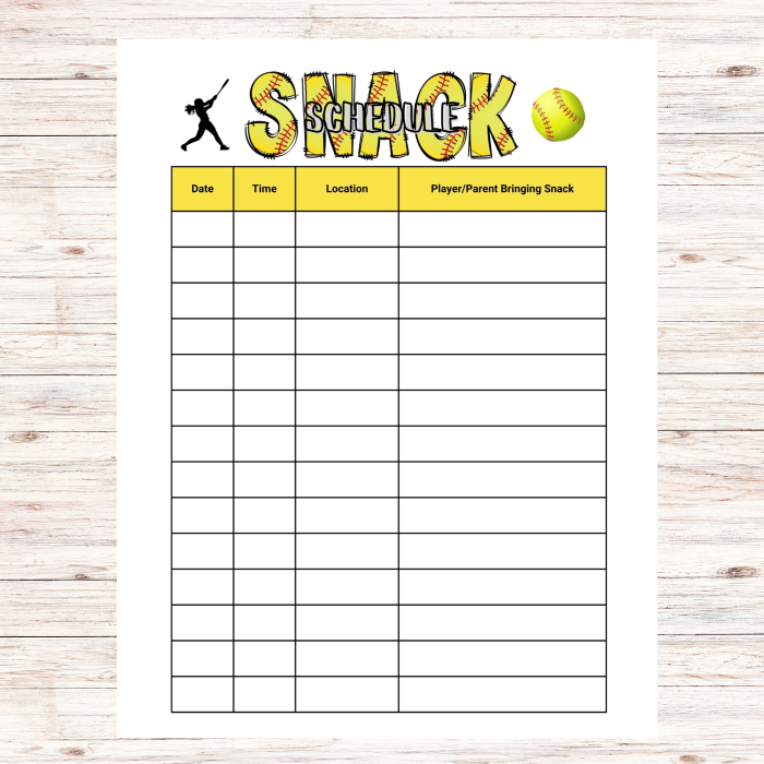 Softball Snack Sign Up Sheet Printable