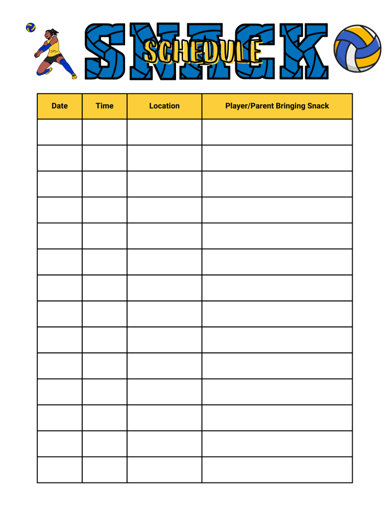 Volleyball Snack Schedule Sign Up Sheet
