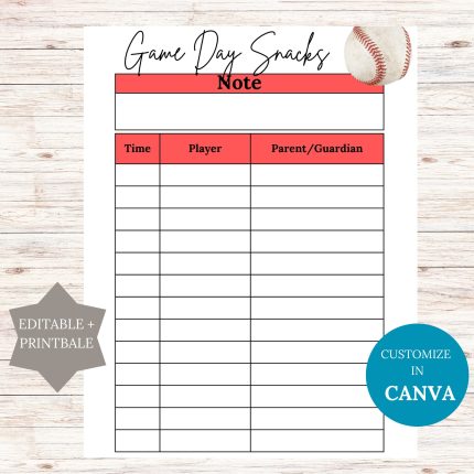 baseball Game Day Snacks Printable