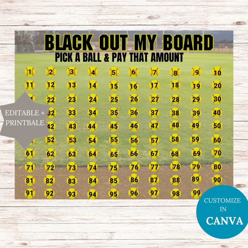 Editable Blackout Softball Fundraiser 100 Days Printable