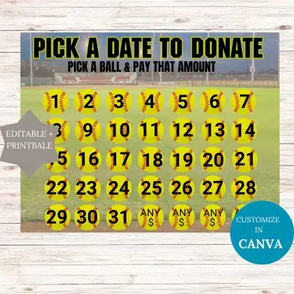 editable pick a date to donate Calendar Fundraiser softball