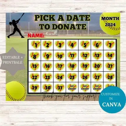 editable pick a date to donate Calendar Fundraiser softball
