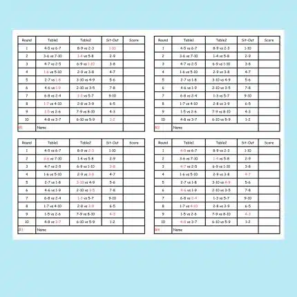 10 person Euchre Tournament Rotation Scorecard