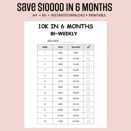 10K in 6 Months Savings Challenge bi-weekly