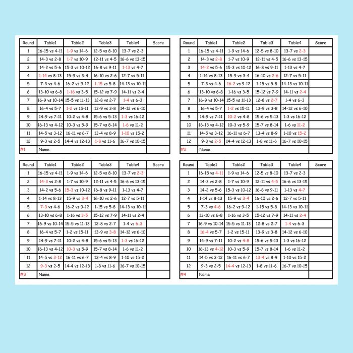 16 person Euchre Tournament Rotation Scorecard