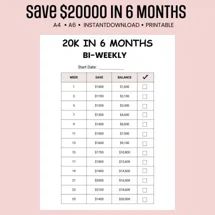 20K in 6 Months Savings Challenge bi-weekly