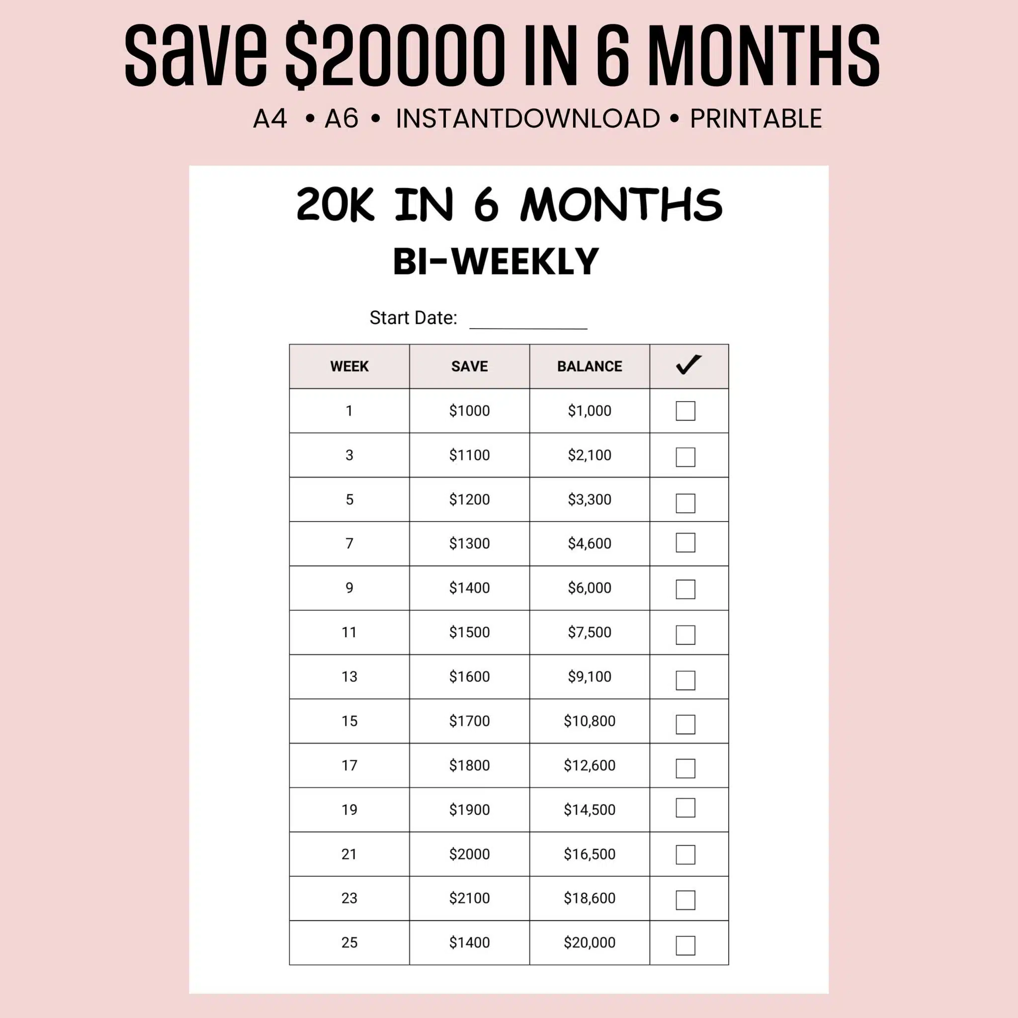 20K in 6 Months Savings Challenge bi-weekly