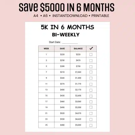 5K in 6 Months Savings Challenge bi-weekly