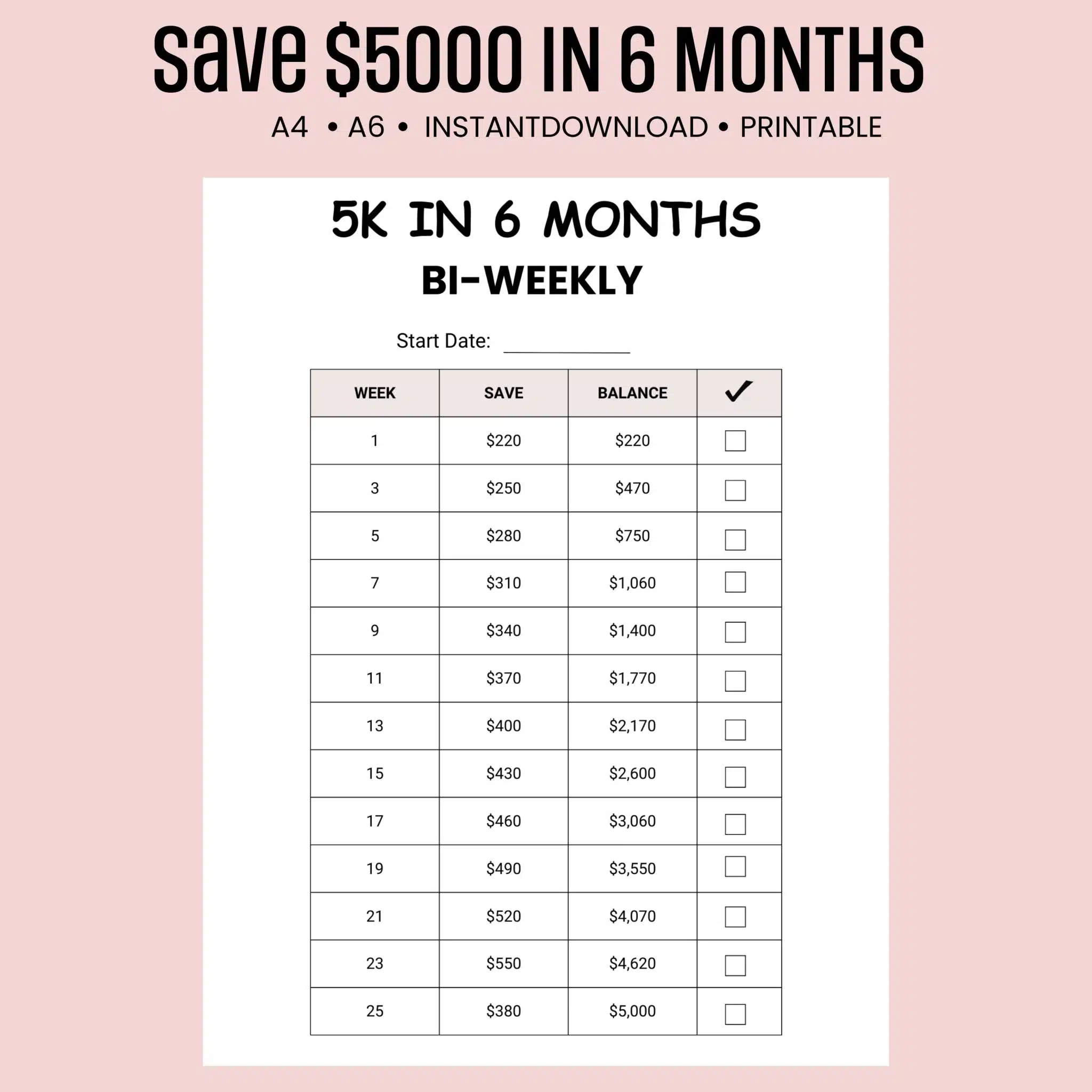 5K in 6 Months Savings Challenge bi-weekly