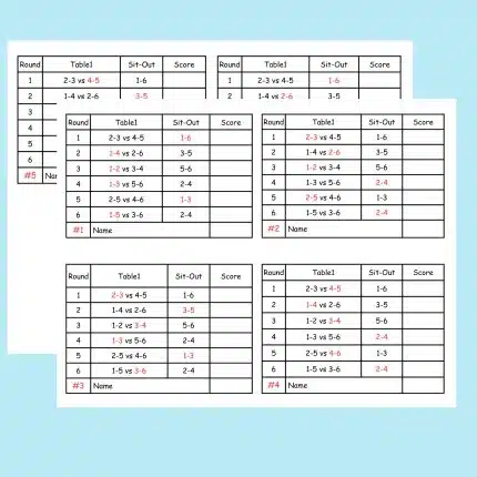 6 person Euchre Tournament Rotation Score sheet