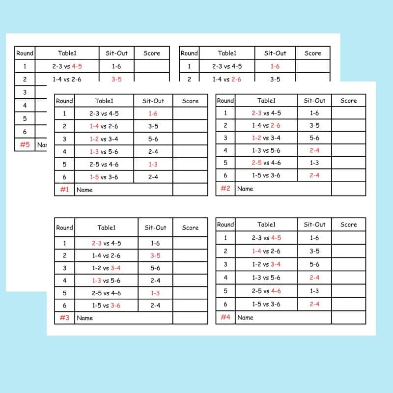 12 Person Euchre Tournament Rotation 3 Table Score Card