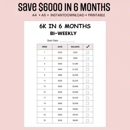 6K in 6 Months Savings Challenge bi-weekly