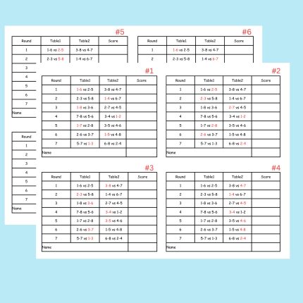 8 Person Euchre Tournament Rotation 2 Table Score Card