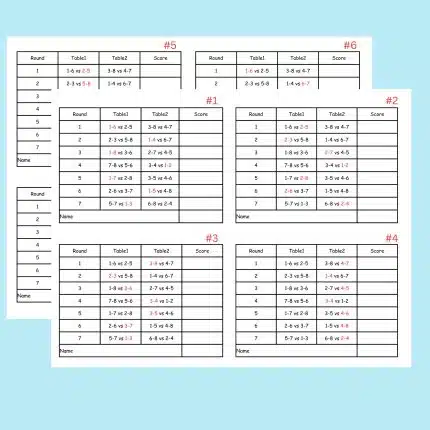 8 Person Euchre Tournament Rotation 2 Table Score Card