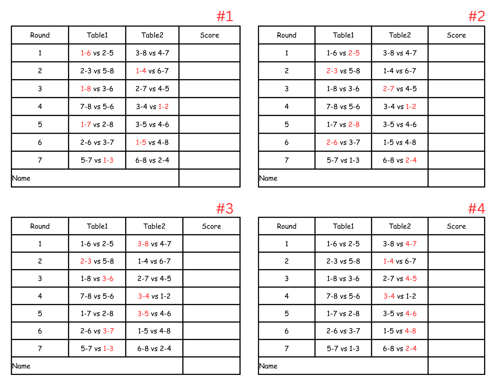 8 Person Euchre Tournament Rotation 2 Table Score Card
