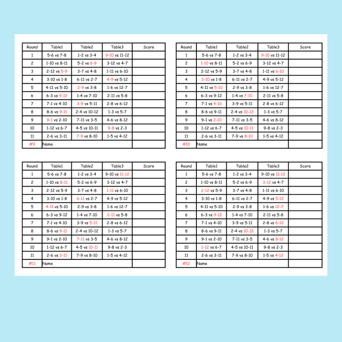 12 person Euchre Tournament Rotation Scorecard