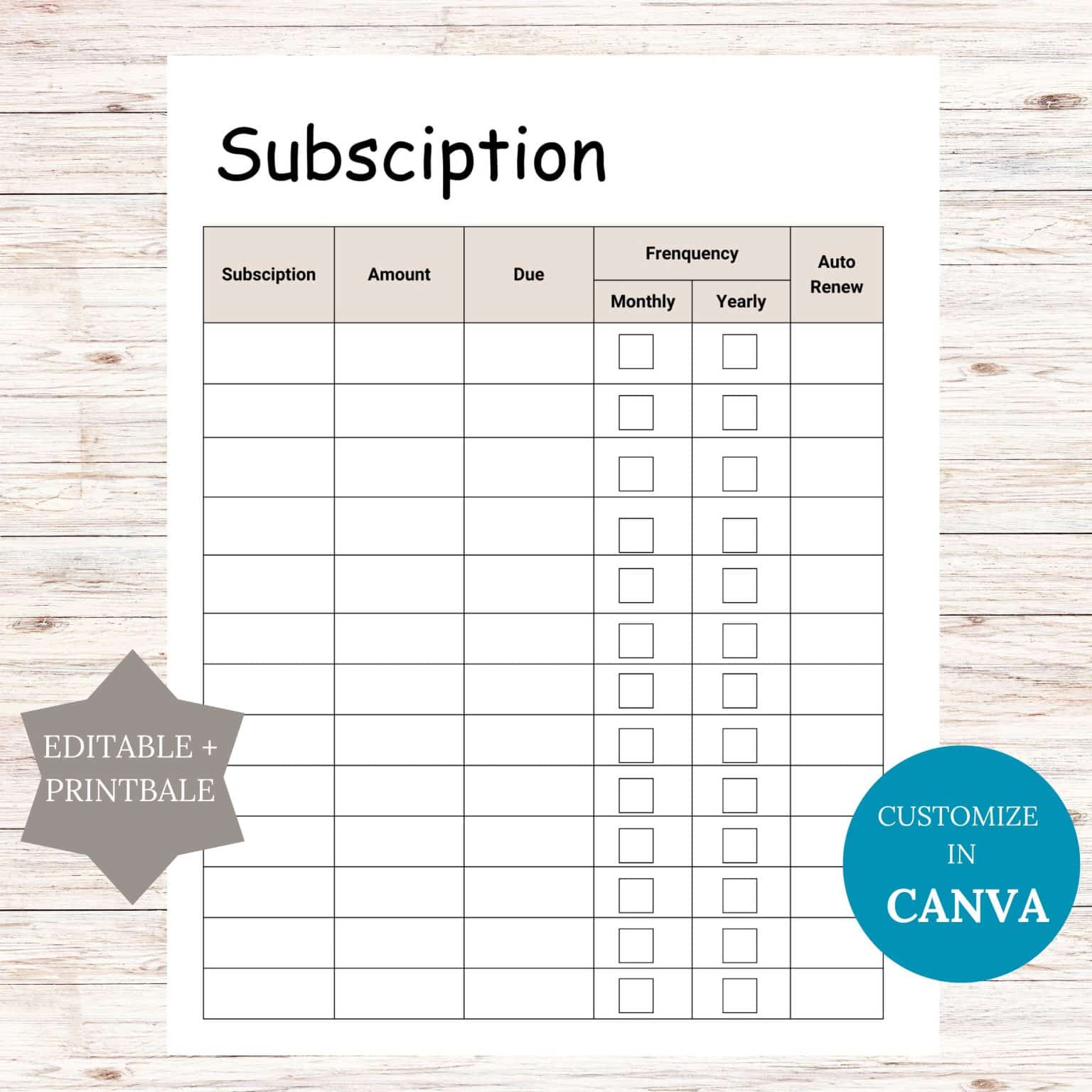 Editable Subscription Tracker Printable