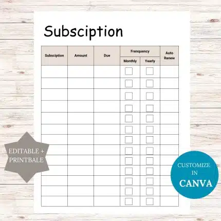 Subscription Tracker Printable