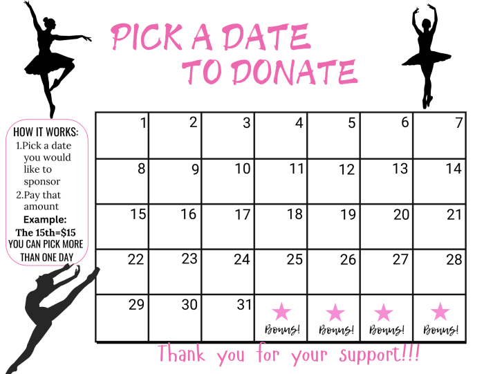 dance pick a date to donate calendar Fundraiser, pay the date