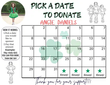 irish step dancer pick a date to donate calendar Fundraiser, pay the date