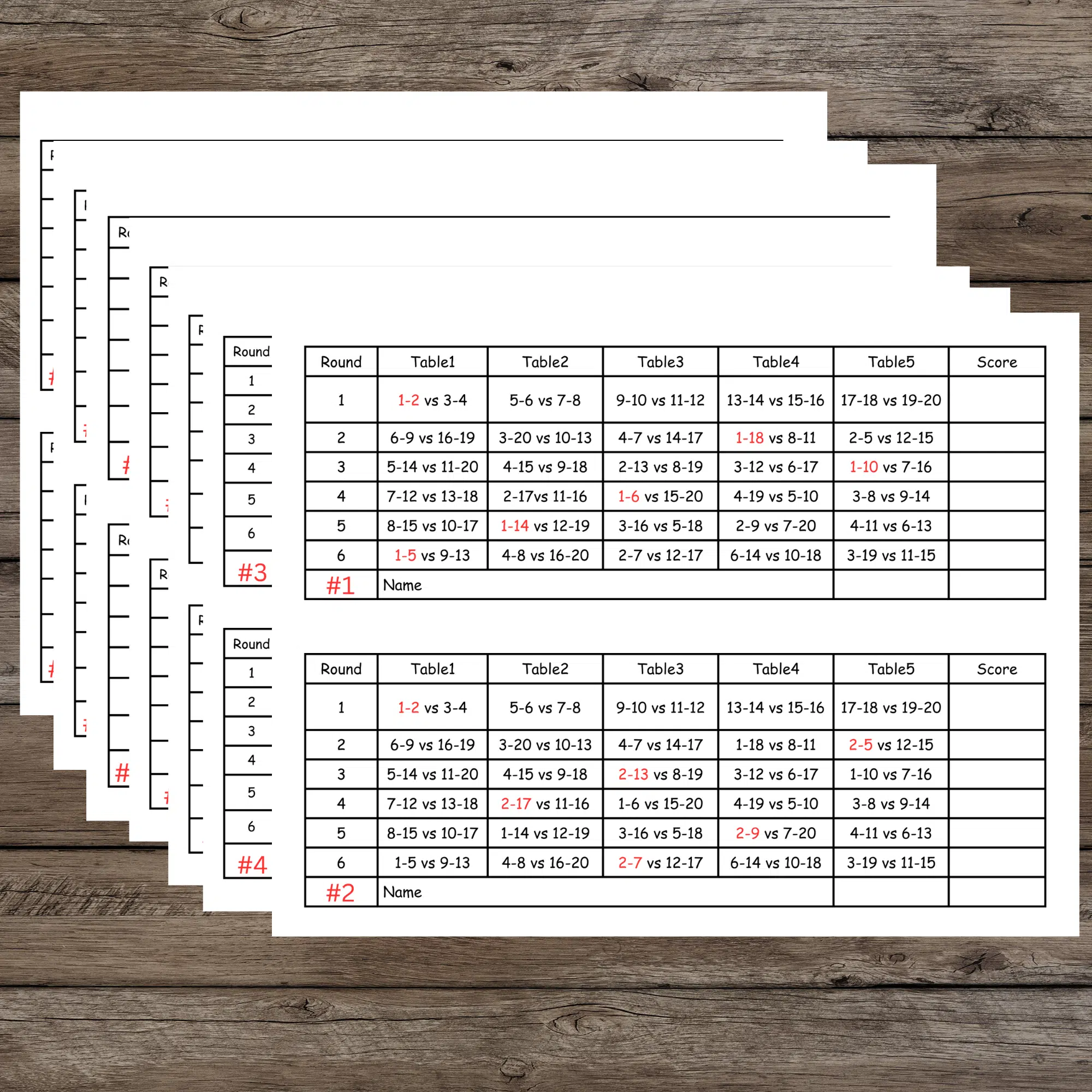 5 Tables Progressive Bridge Tally 20 Person