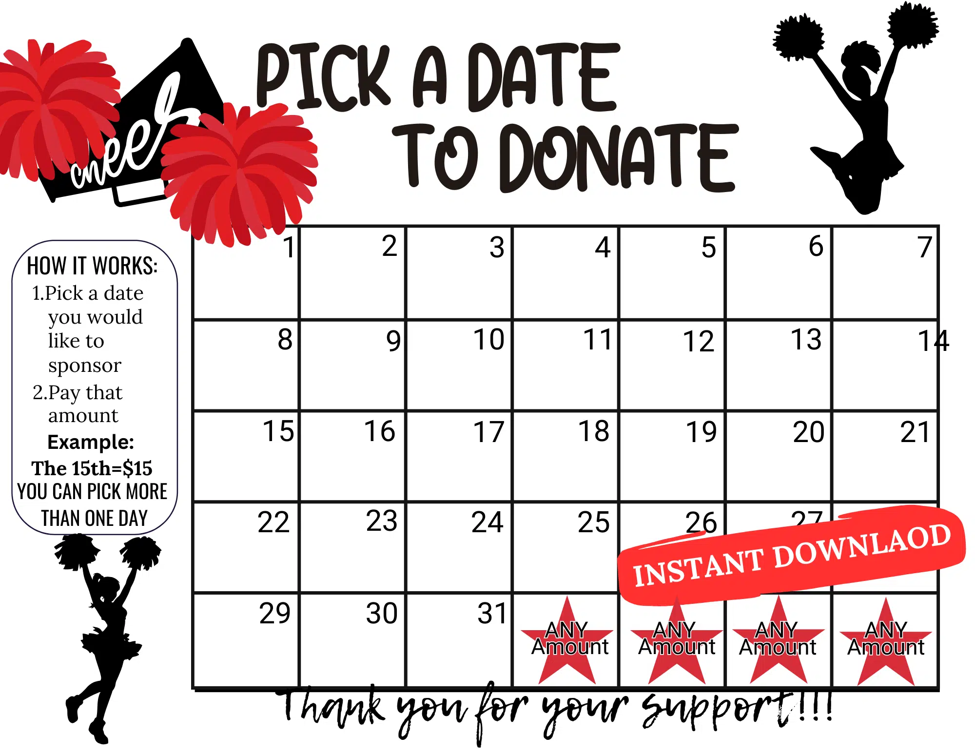 Cheer pick a date to donate calendar fundraiser,pay the date