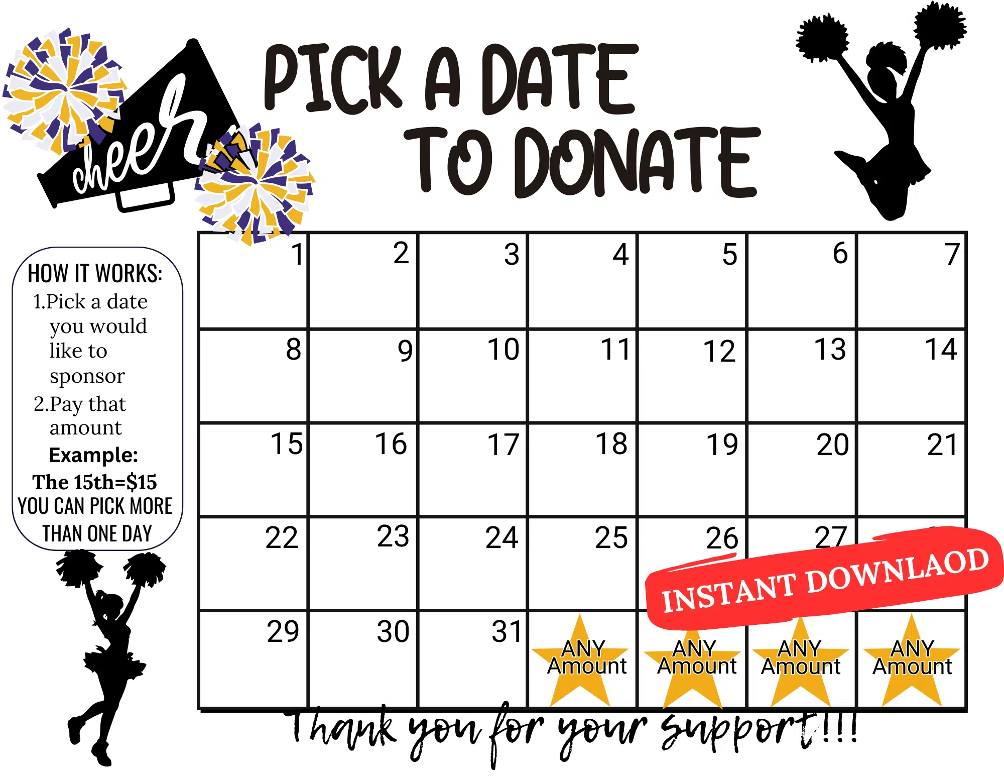 Cheer pick a date to donate calendar fundraiser,pay the date