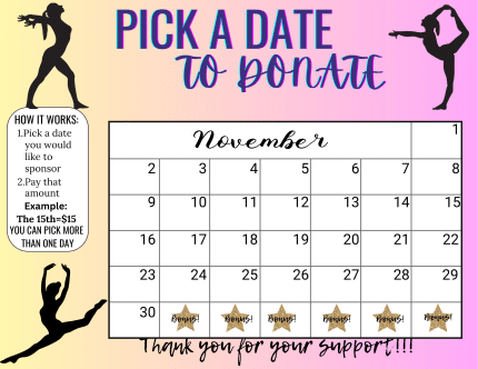 Gymnastics November Pick a Date to Donate Calendar Fundraiser