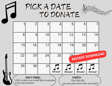 Music pick a date to donate, Band fundraiser, Choir fundraiser, School band fundraiser, Pay for your day calendar fundraiser, calendar