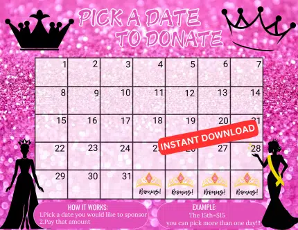 PAGEANT pick a date to donate Calendar Fundraiser, pay the date, pageant fundraiser, pageant competition fundraiser, pageant