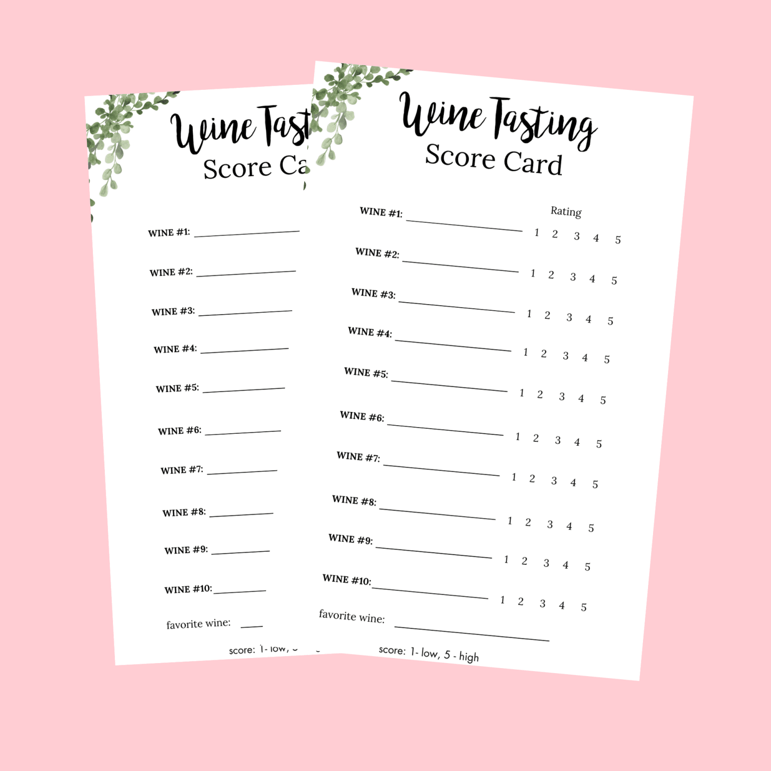 Wine Tasting Score Cards for 10 Wines