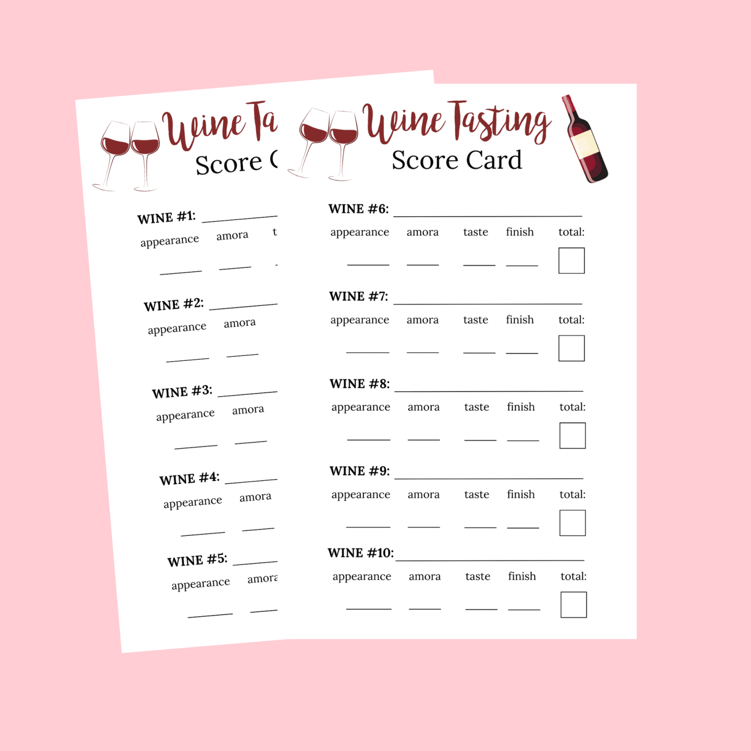 Wine Tasting Score Cards for 10 Wines