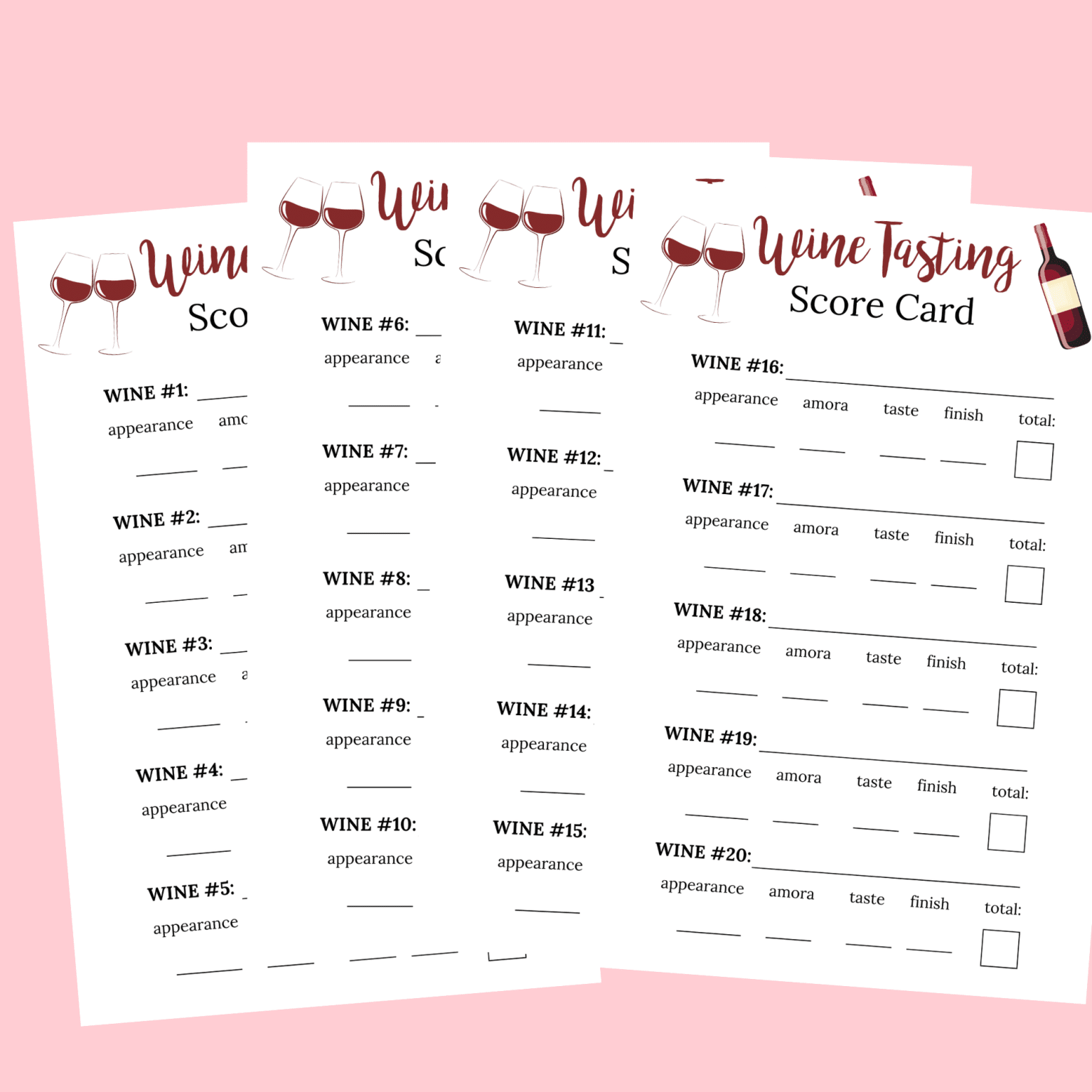 Wine Tasting Score Cards for 20 Wines