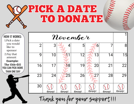 baseball November Pick a Date to Donate Calendar Fundraiser
