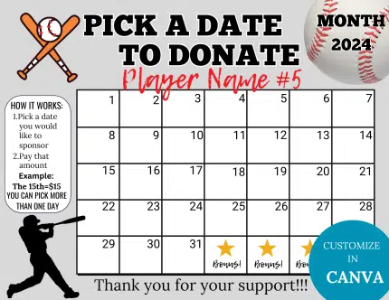Editable Baseball Fundraiser Calendar, Save The Date Baseball Calendar Fundraiser, Pick a Date to Donate, Fundraiser Calendar, Pay the Date