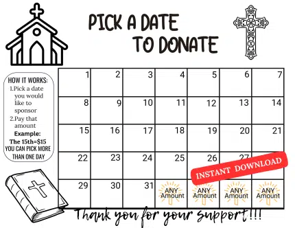 church pick a date to donate calendar, pay the date youth mission trip, church fundraiser, youth mission trip, calendar, sponsor a day, calendar